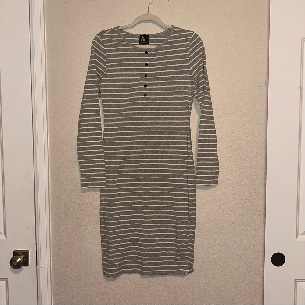 Ampersand Ave Gray Striped Long Sleeve Midi Dress Size Large